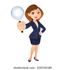 Businesswoman holding a magnifying glass to research
