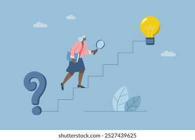 Businesswoman holding magnifying glass searching for solution to problem of stairs between question mark and light bulb, Finding the right direction or solution to a problem, Creativity to success.