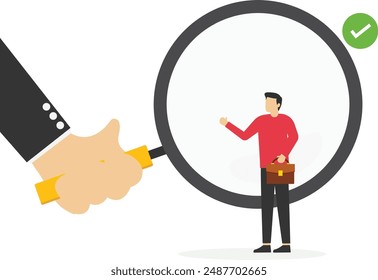 Businesswoman holding magnifying glass zooms in businessman. Company staff recruitment concept. Flat vector illustration.

