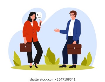 Businesswoman holding a mask facing a colleague, symbolizing deception in a professional setting, isolated vector illustration