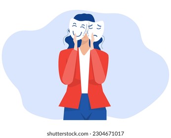 Businesswoman holding masks different  happy and sad imposter syndrome Bipolar disorder fake faces and emotions. psychology false behavior or deceiver.vector