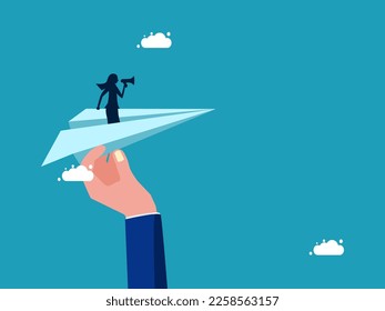 Businesswoman holding a megaphone on a paper plane. Help support advertising and marketing. business concept 