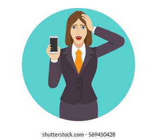 Businesswoman holding a mobile phone and grabbed his head. Portrait of businesswoman in a flat style. Vector illustration.
