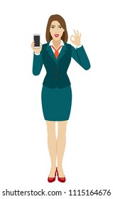 Businesswoman holding a mobile phone and showing a okay hand sign. Full length portrait of businesswoman in a flat style. Vector illustration.