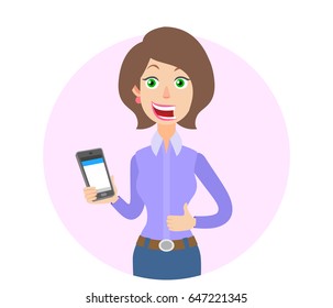 Businesswoman holding mobile phone and showing thumb up. Portrait of Cartoon Businesswoman Character. Vector illustration in a flat style.