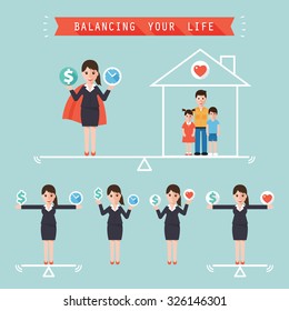 Businesswoman holding money dollar sign and time balancing with family at home. Idea balance your life business concept. Flat design people characters.