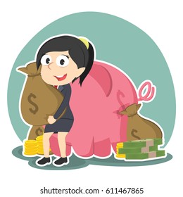 businesswoman holding money sack behind piggy bank