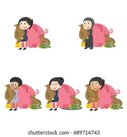 businesswoman holding money sack behind piggy bank different race set