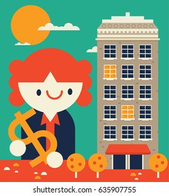 Businesswoman holding a money symbol looks at a building while smiling