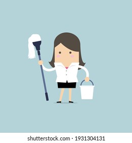 Businesswoman holding mop and bucket. Cleaning the workplace concept.