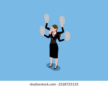 Businesswoman Holding Multiple Masks – Identity and Role-Playing 3d isometric vector illustration