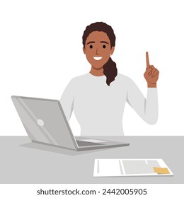 Businesswoman holding a new digital laptop computer and pointing finger up. Female character design illustration. Modern lifestyle, gadget. Flat vector illustration isolated on white background