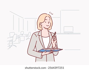 Businesswoman is holding a notebook and a pen in the office. Hand drawn style vector design illustrations.	