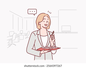 Businesswoman is holding a notebook and a pen in the office. Hand drawn style vector design illustrations.	