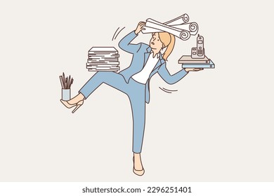 Businesswoman holding office supplies and falling over from overloading due to lot of work and lack of rest. Woman entrepreneur in formal suit suffering from overloading or strict deadlines