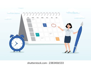 Businesswoman holding pen planning work schedule on calendar and alarm clock, schedule planning and time management, organize meeting and appointment, event reminder or business schedule (Vector)