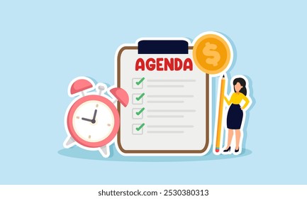 A businesswoman holding a pencil checks off items on her dollar coin agenda, illustration of completing a schedule for company revenue targets  