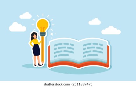 A businesswoman holding a pencil with a light, standing next to an open book, Illustration concept of Productivity in writing annual reports or business project documentation