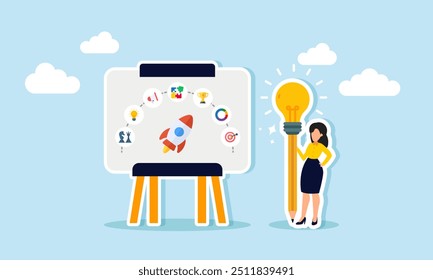 A businesswoman holding a pencil with a light, standing next to a presentation board, Illustration concept of Productivity in drafting comprehensive project reports including various aspects