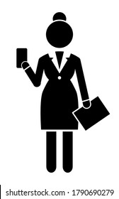 Businesswoman Holding Phone And Clipboard, Report, Black And White Logo Avatar With Businessperson Silhouette Wearing Office Dress, Web Icon, Isolated Female In Office Suit Dresscode, Manager