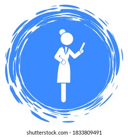 Businesswoman holding phone, using smartphone, looking at screen, blue stamp avatar with businessperson silhouette wearing office dress, web icon, isolated female in office suit, keeping dresscode