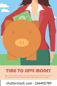 Businesswoman holding piggy bank, money concept