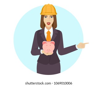 Businesswoman holding a piggy bank and pointing something beside of her. Portrait of businesswoman in a flat style. Vector illustration.