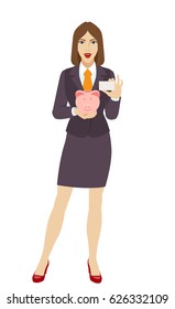 Businesswoman holding a piggy bank and showing the business card. Full length portrait of businesswoman character in a flat style. Vector illustration.