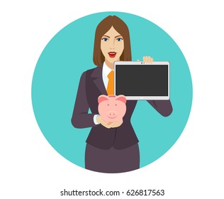 Businesswoman holding a piggy bank and showing blank digital tablet PC. Portrait of character in a flat style. Vector illustration.