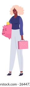 Businesswoman holding a pink briefcase and inserting a gold coin into a piggy bank, managing personal finance and accumulating wealth for future growth