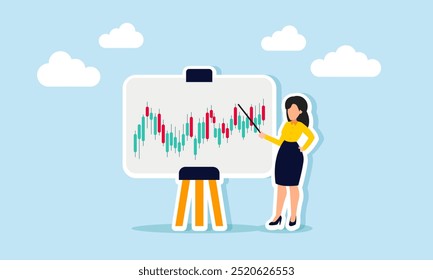 A businesswoman holding a pointer in front of a whiteboard teaching about stock graphs, illustration of how to successfully trade stocks effectively and efficiently