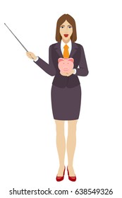 Businesswoman holding a pointer and piggy bank. Full length portrait of character in a flat style. Vector illustration.