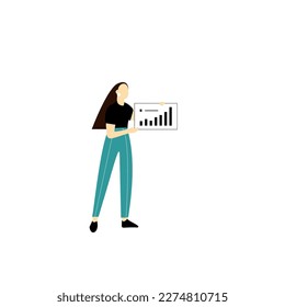 Businesswoman Holding And Pointing At Placard with Graphs While Making Important Announcement. Woman Wearing Formal Suit Showing Board With New Ideas For Business Marketing.