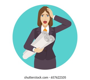 Businesswoman holding the project plans and grabbed his head. Portrait of businesswoman in a flat style. Vector illustration.
