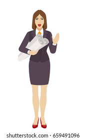 Businesswoman holding the project plans and greeting someone with his hand raised up. Full length portrait of businesswoman character in a flat style. Vector illustration.