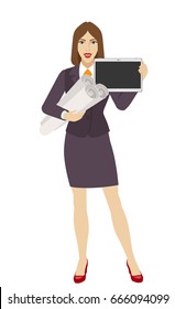 Businesswoman holding the project plans and showing blank digital tablet PC. Full length portrait of businesswoman character in a flat style. Vector illustration.