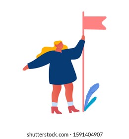 Businesswoman Holding Red Flag in Hand Enjoying Victory. Manager Employee on Peak of Success. Business Competition Winner, Corporate Challenge Goal Achievement Concept Cartoon Flat Vector Illustration