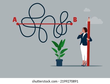 Businesswoman holding red pencil in hand leads drawing line from point A to point B  Shortest distance to goal  easy shortcut way to win business success 