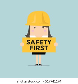 Businesswoman Holding Safety First Sign Vector