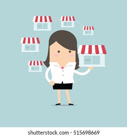 Businesswoman holding shop and money vector