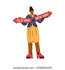 Businesswoman holding sign boards with old way and new way arrows vector flat illustration. Concept for adapting to change, improvement and development for the self or the business. Change management