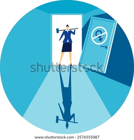 Businesswoman holding sledgehammer is breaking through a closed door with female gender symbol prohibition sign, fighting for gender equality, women s rights and career opportunity