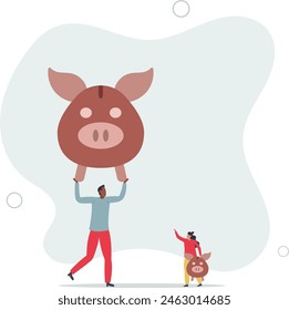 businesswoman holding small piggy bank while looking at other bigger pension fund.flat vector illustration.