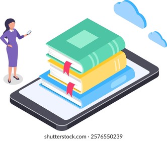 Businesswoman is holding a smartphone while a stack of books rests on a tablet, symbolizing online education and digital library, with clouds representing cloud computing