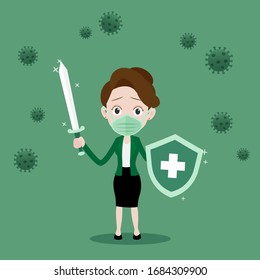 Businesswoman holding sword and shield to protect from COVID-19 Coronavirus, Fight virus concept, Cartoon vector illustration