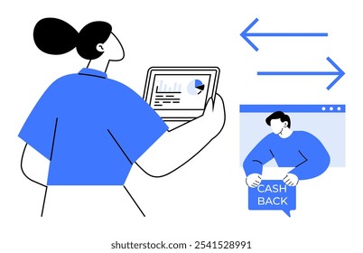 Businesswoman holding a tablet with graphs while receiving a cashback notification. Growth arrows indicate financial progress. Ideal for business, finance, cash flow, savings, and data analysis