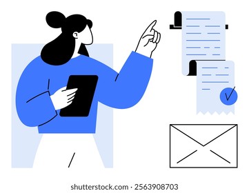 Businesswoman holding a tablet and pointing at a document while a checklist and envelope are visible beside her. Ideal for business presentations, checklists, communication, document management