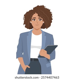 Businesswoman Holding a Tablet. Smiling Woman Writing on Tablet. Flat vector Character Illustration