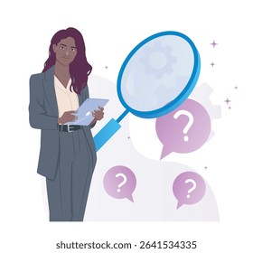 Businesswoman holding a tablet, standing beside a large magnifying glass with question marks on a light background, symbolizing research or search. Vector illustration