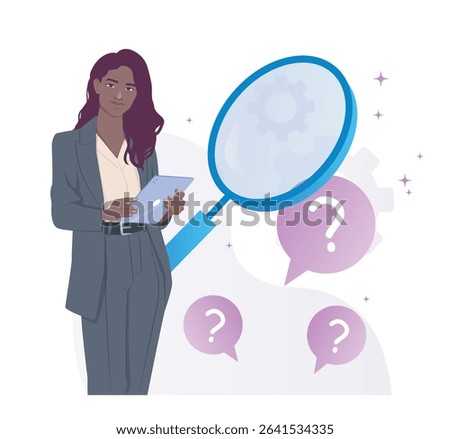 Businesswoman holding a tablet, standing beside a large magnifying glass with question marks on a light background, symbolizing research or search. Vector illustration